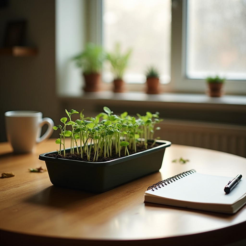 První zásobník s microgreens na kuchyňském stole v malém bytě
