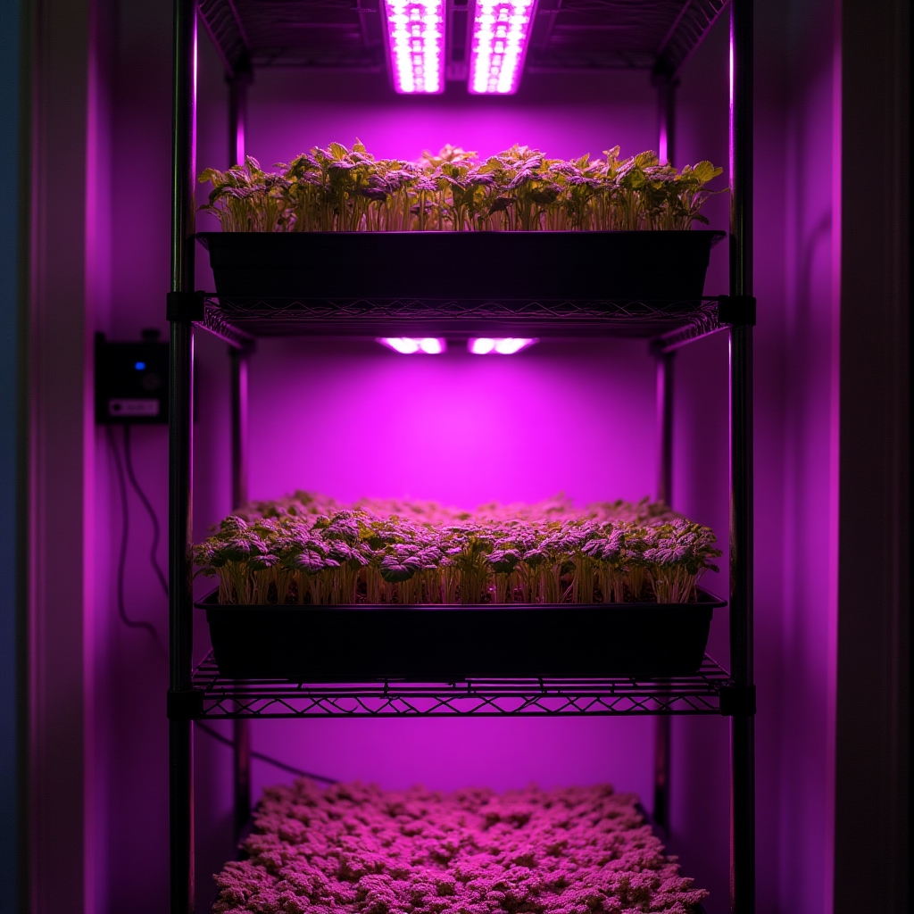 LED pěstební světla nad zásobníky s microgreens v zimním bytě
