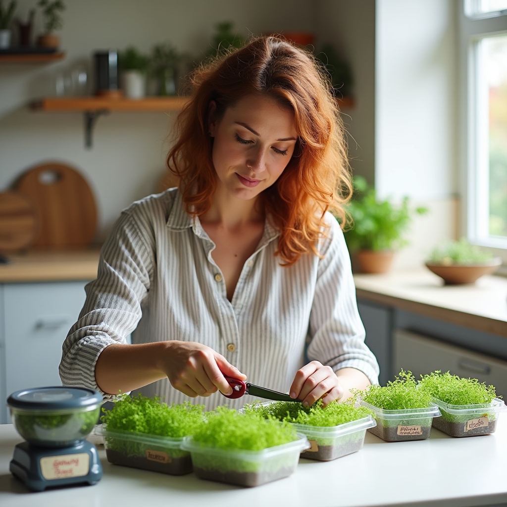 Pěstitel sklízí a balí microgreens v bytě, profesionální balení pro restaurace