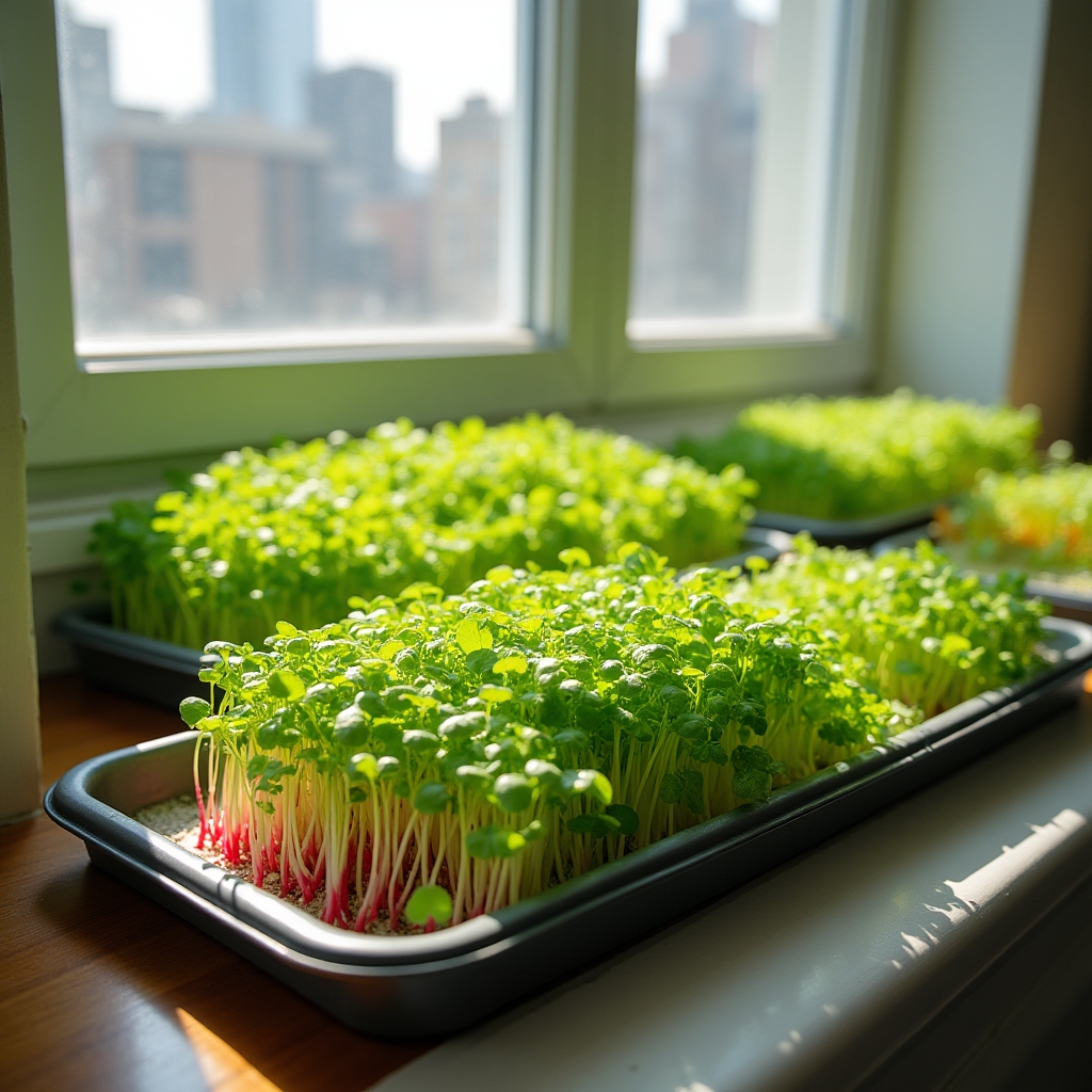 Zásobníky s microgreens na okenním parapetu v bytě