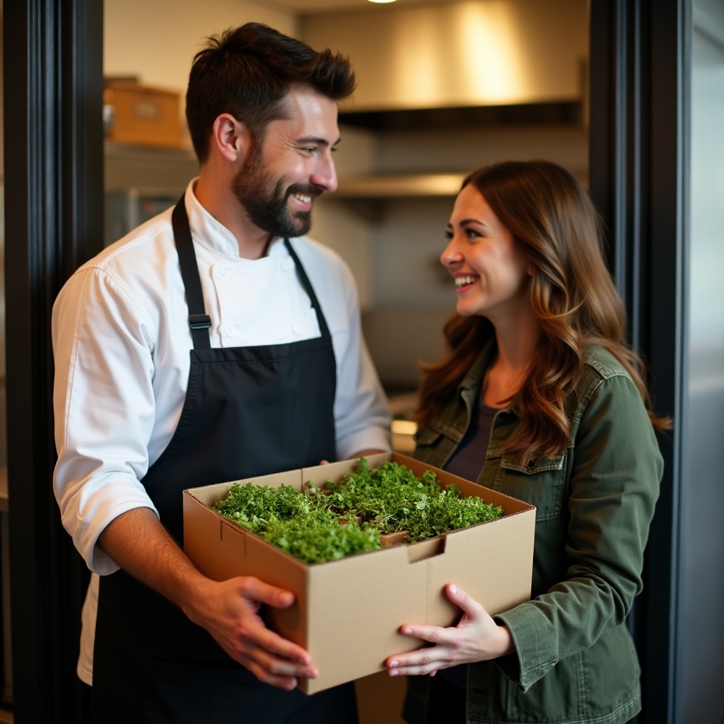 Šéfkuchař přijímá dodávku čerstvých microgreens od pěstitele